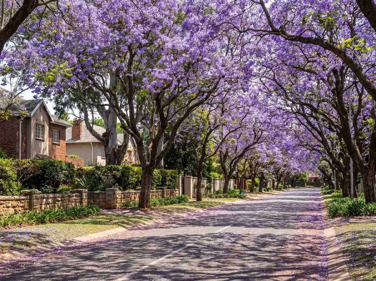 Jacaranda canopy in full bloom over a tree-lined Craighall Park street