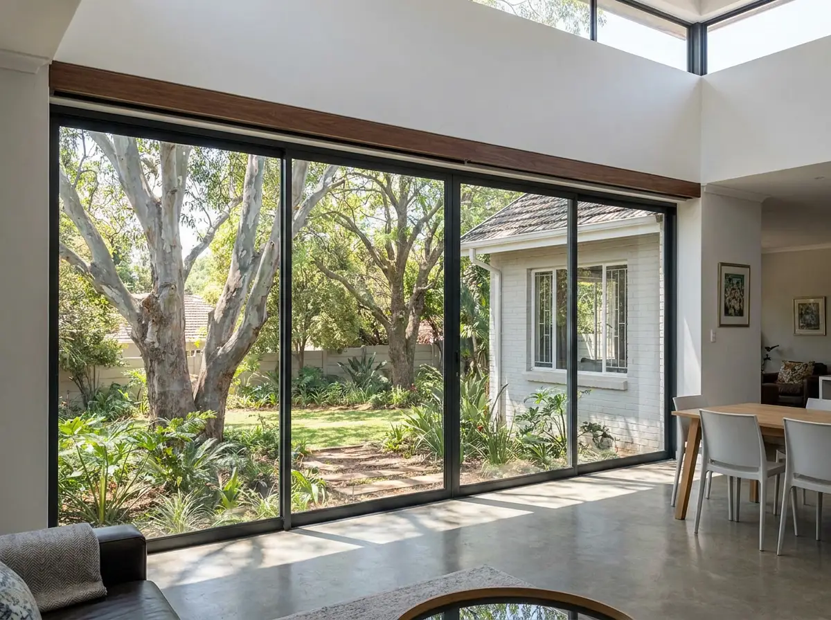 Concealed blind recess built into the ceiling bulkhead above frameless garden glazing in a Craighall Park extension