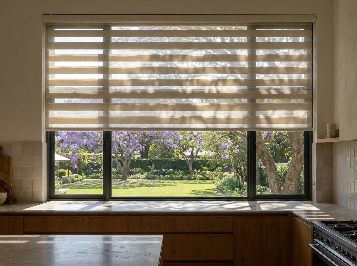 Day-night blind with alternating sheer and solid bands over a kitchen window in a Craighall Park home