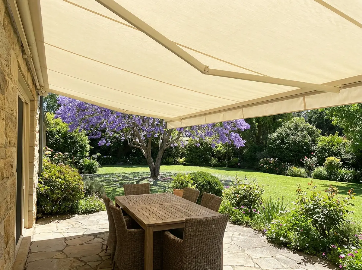 Folding-arm awning shading an outdoor dining patio in a Craighall Park garden