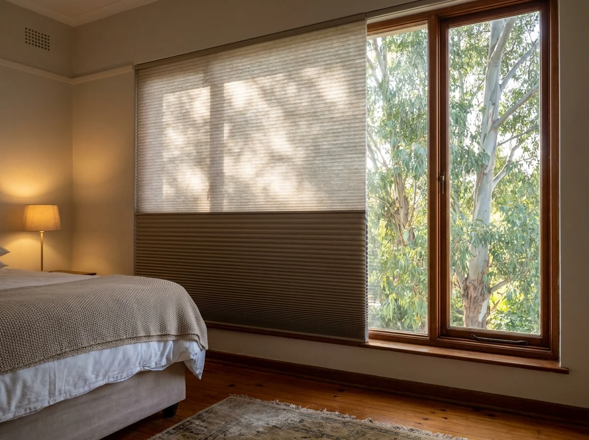 A cordless cellular honeycomb blind, sheer upper section over a denser lower section, on a bedroom window with a eucalyptus canopy outside the glass