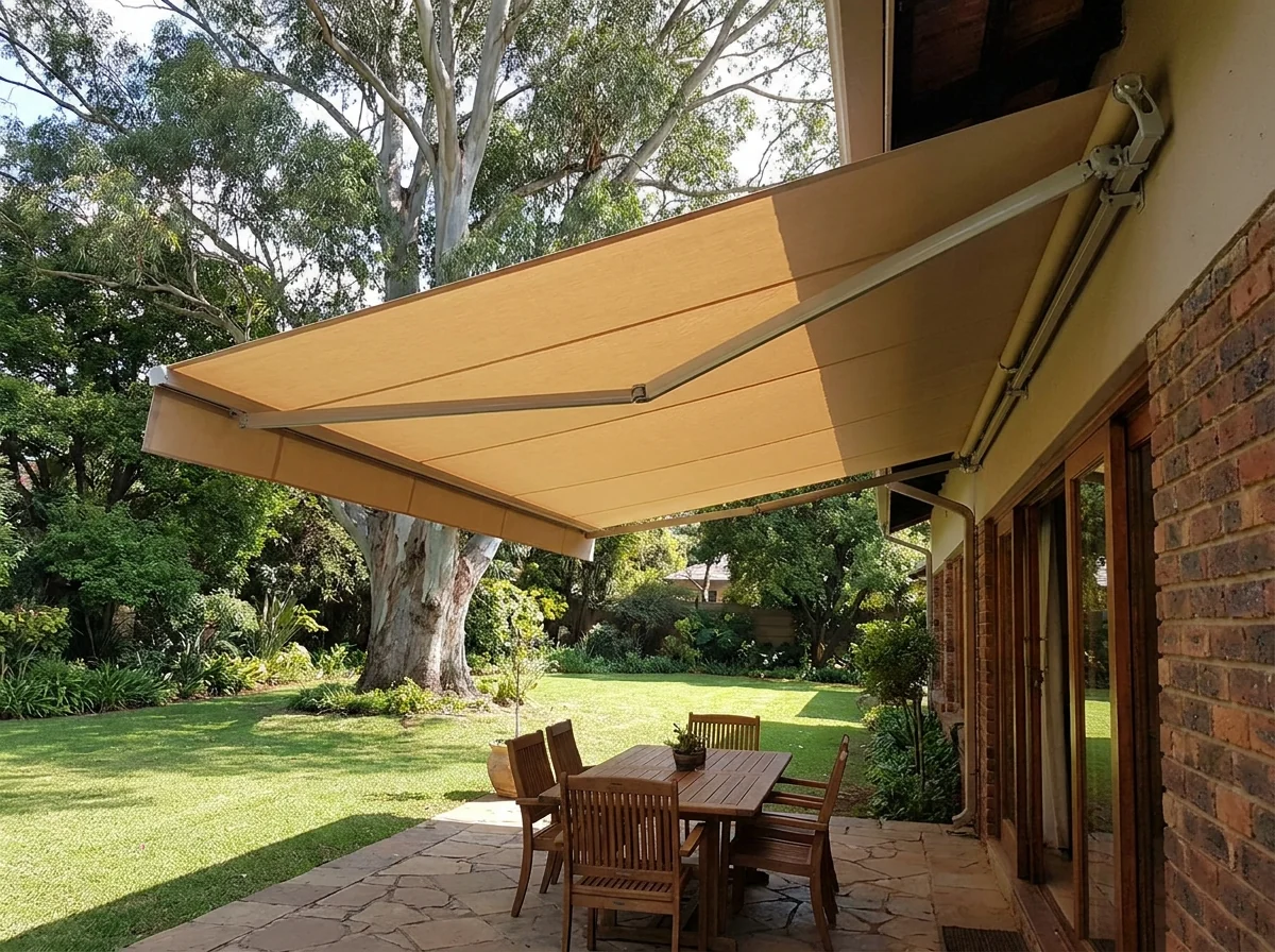 A folding-arm awning extended over a paved patio with no supporting posts, in an established garden with a large old gum tree