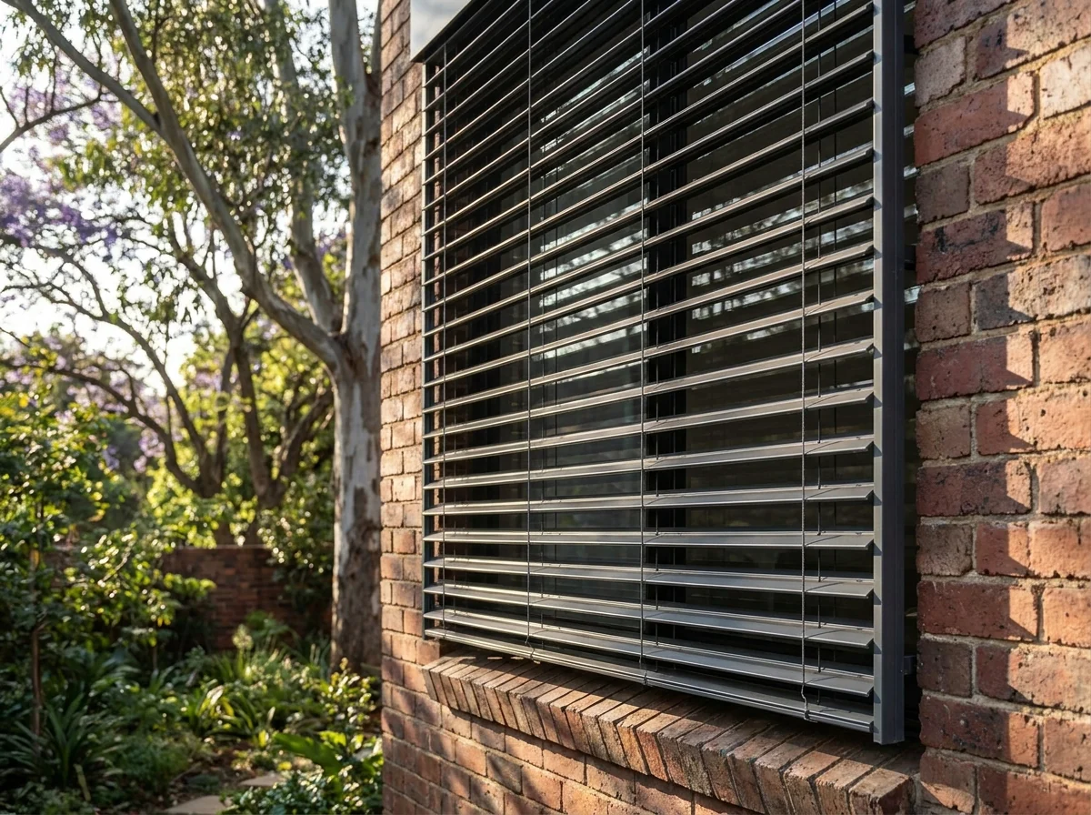 An external aluminium venetian blind mounted outside the glass in side guide rails on a brick house, slats tilted against low late-afternoon sun