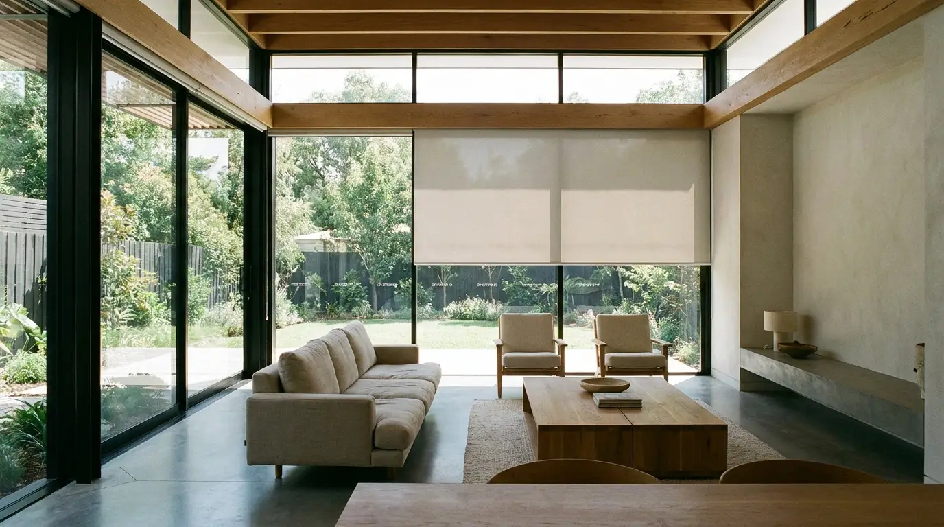 Motorised blockout roller blind partly lowered in a bright open-plan living room with floor-to-ceiling glazing, Dunkeld