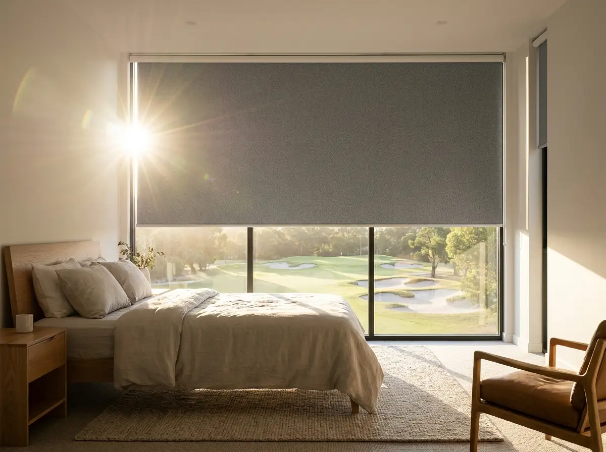 Blockout roller blind partly lowered over a bedroom window with a golf-course fairway view, River Club