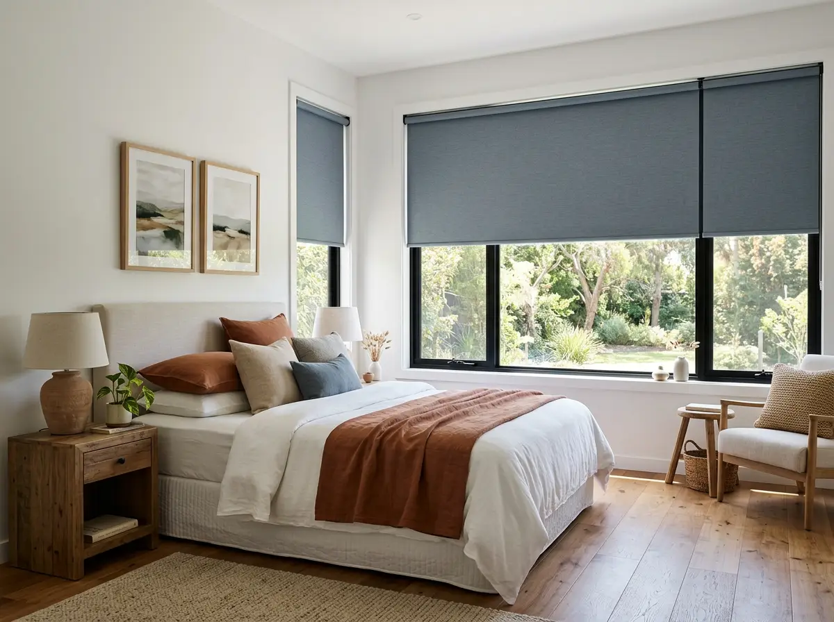 Blockout roller blind lowered over a garden-facing bedroom window in a Craighall Park family home