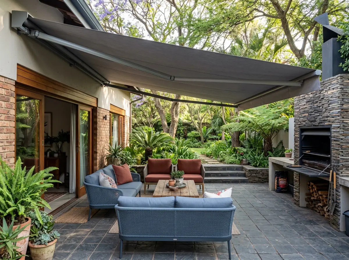 Folding-arm awning extended over a patio seating area in an established Craighall Park garden