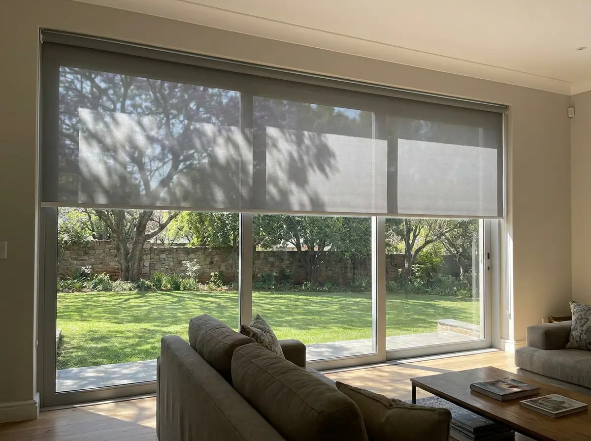 Sunscreen roller blind filtering jacaranda-dappled midday light in a Craighall Park family-room extension